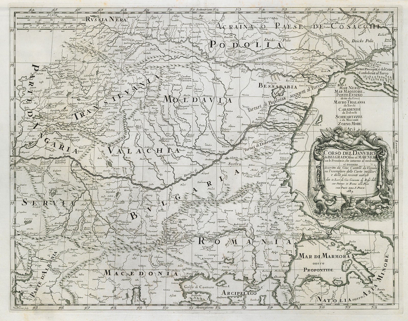 Corso del Danubio da Belgrado fino al Mar Ner. Danube. ROSSI / CANTELLI 1684 map